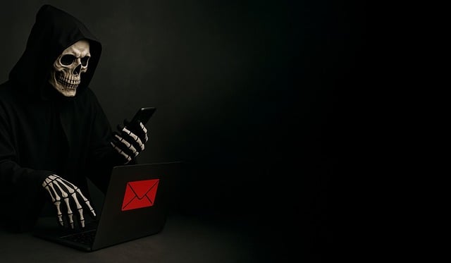 Person in skeleton costume in front of a laptop and holding a mobile phone.