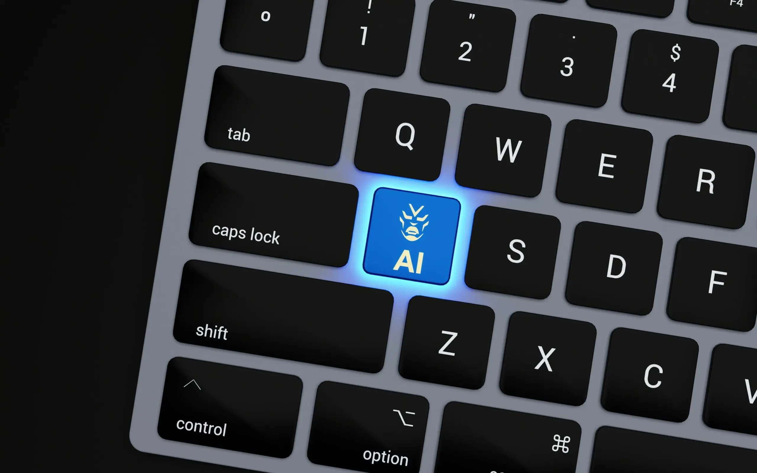 laptop keyboard with glowing blue "AI" key