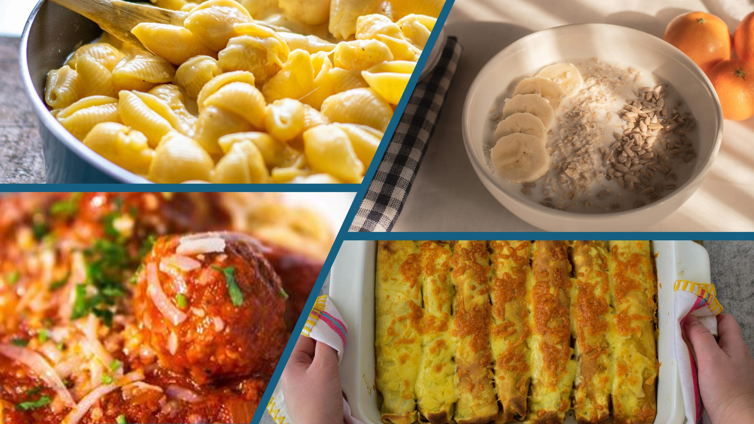 A collage of images featuring mac and cheese, oatmeal, spaghetti and meatballs, and enchiladas