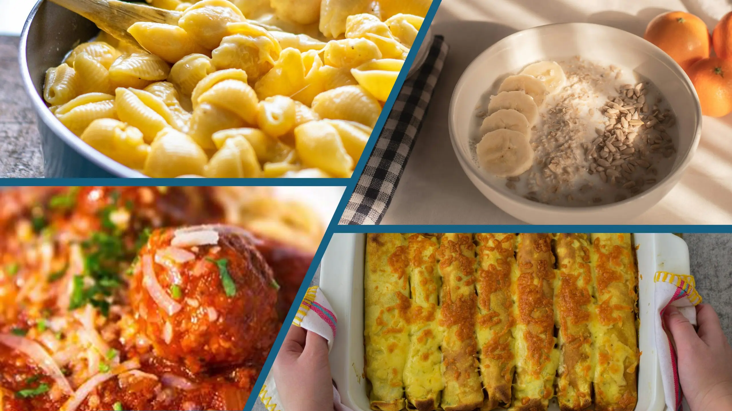 A collage of images featuring mac and cheese, oatmeal, spaghetti and meatballs, and enchiladas