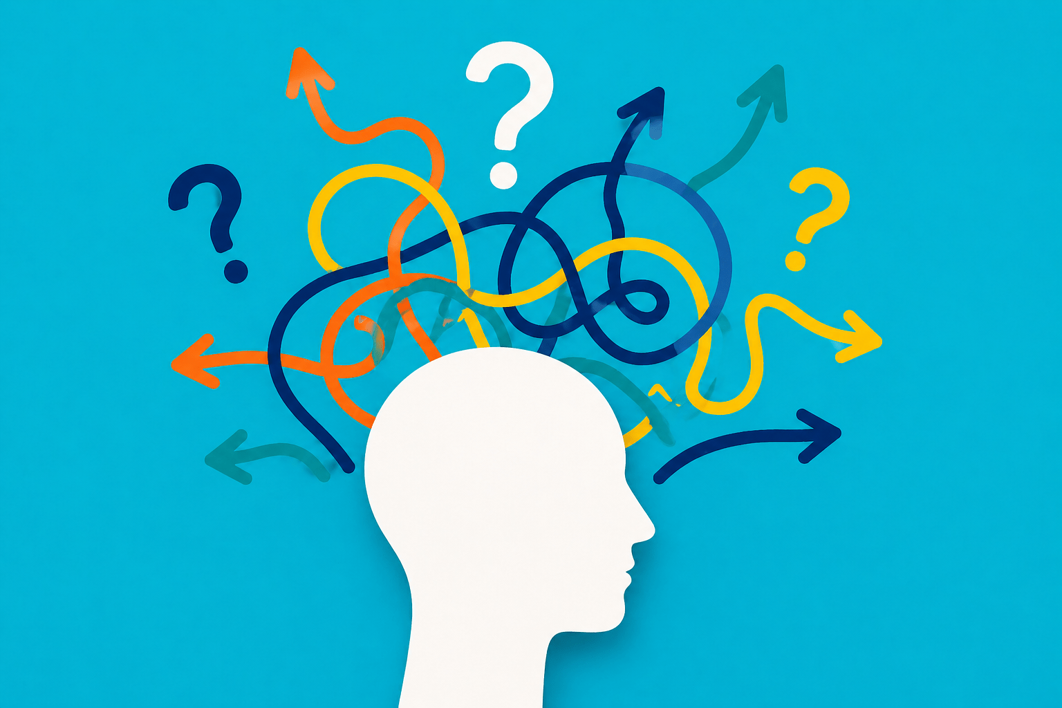 A white head silhouette with multidirectional and multicolored arrows and question marks above it.