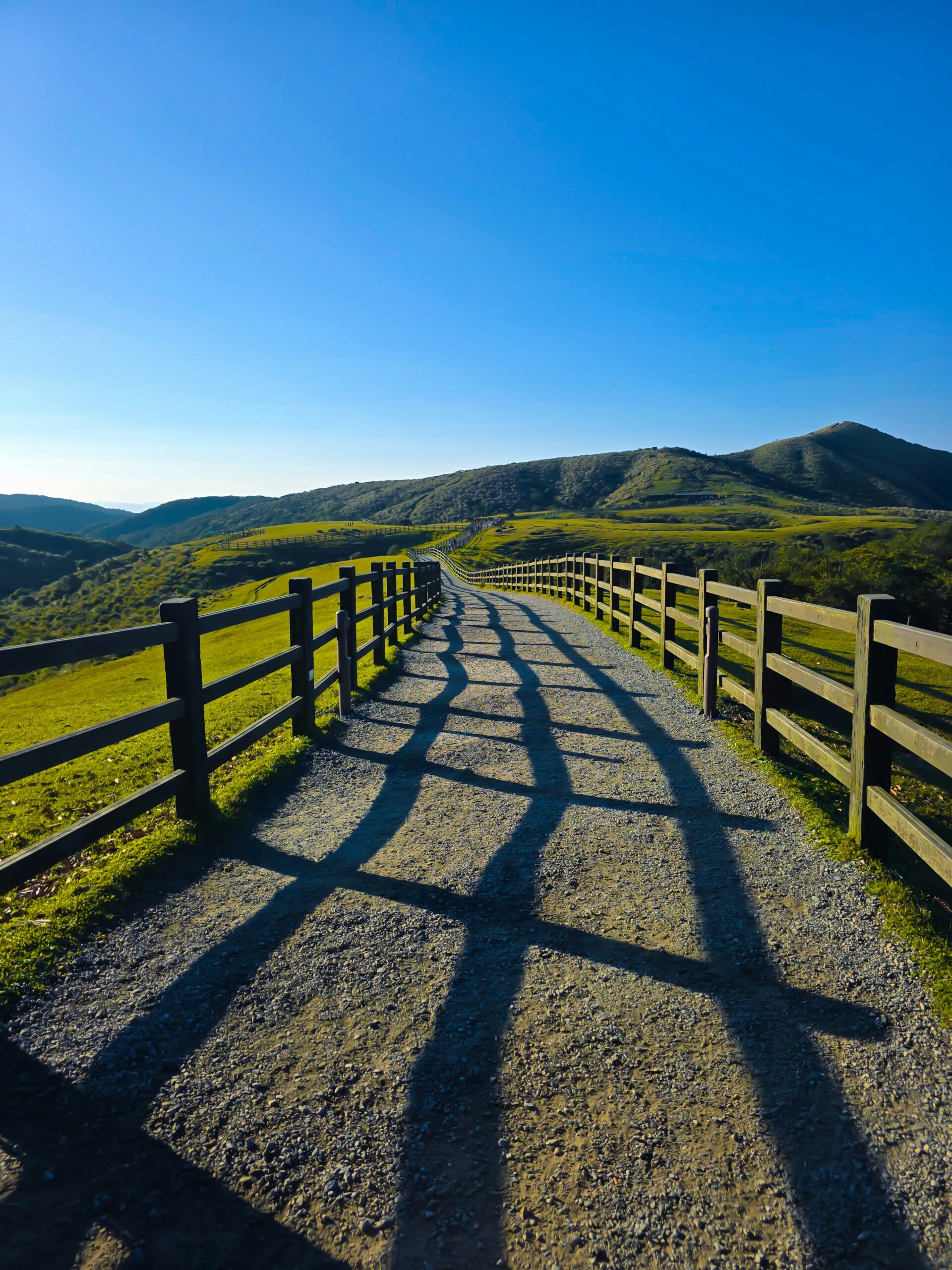A gravel path between wooden guardrails, leading ahead to mountains and blue sky