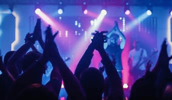 People at a concert silhoutted against stage lights and a purple background