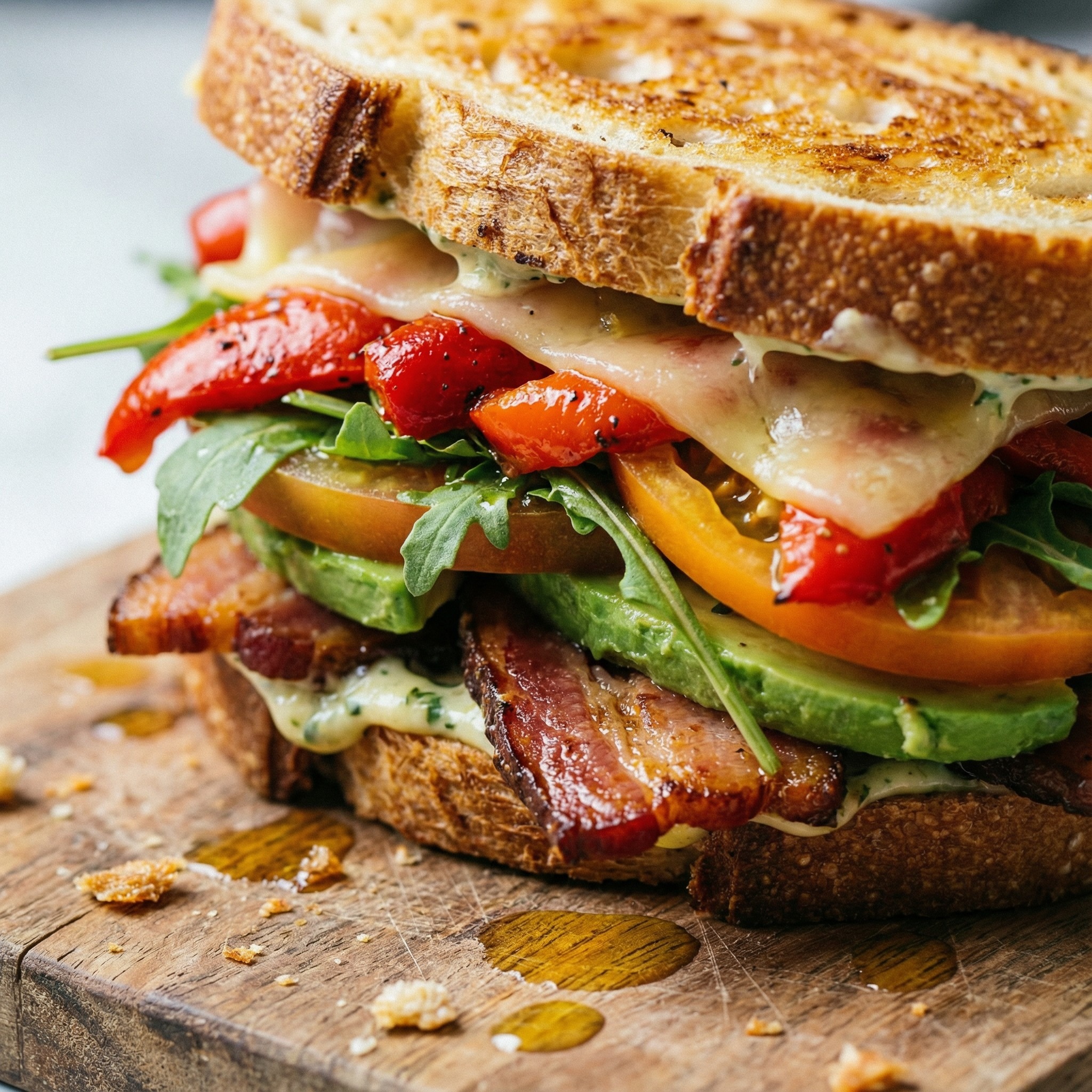 A mouthwatering sandwich with thick bacon, avocado slices, arugula, yellow tomato slices, roasted red peppers and melted cheese on sourdough toast